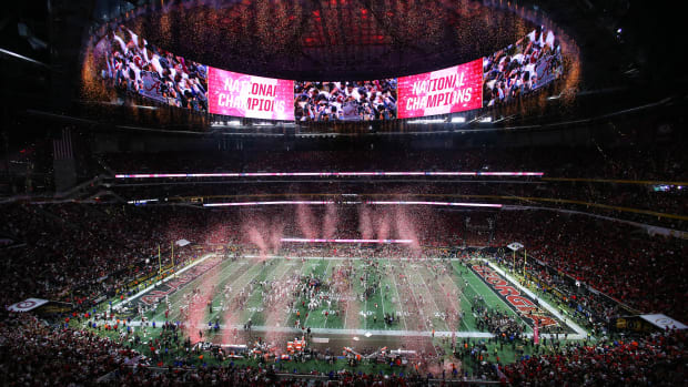 View of the confetti falling as Alabama Crimson Tide wins the game in overtime against the Georgia Bulldogs in the 2018 CFP national championship college football game at Mercedes-Benz Stadium. 